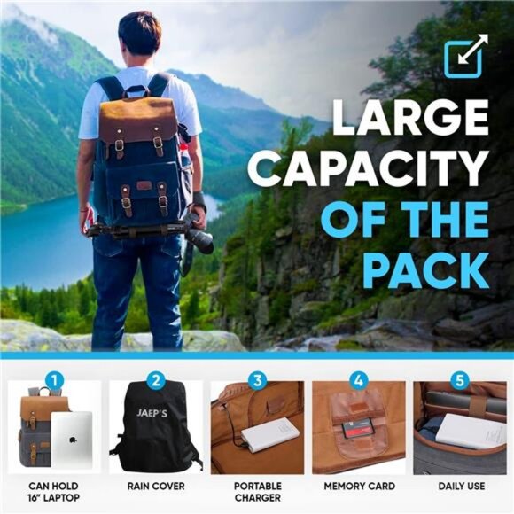 JAEP Camera Backpack - Weather Resistant 16 Ounces Waxed Memory Canvas – DSLR main image 4